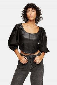 TOPSHOP Black PU Cropped Puff Sleeve Corset ~ faux leather crop hem tops