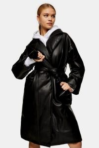 TOPSHOP Black PU Padded Belted Coat ~ faux leather self tie coats