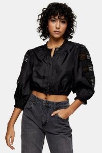 Topshop Black Taffeta Lace Crop Top | volume sleeve tops