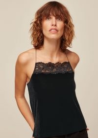 WHISTLES VELVET LACE TRIM CAMI TOP / black evening camisole / strappy back camisoles