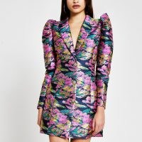 RIVER ISLAND Blue floral jacquard blazer dress ~ defined shoulders ~ luxe style jacket dresses ~ party fashion