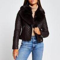 Brown quilted faux fur collar PU biker jacket ~ faux leather jackets ~ casual winter outerwear