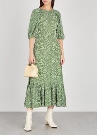 BYTIMO Green floral-print midi dress ~ vintage look volume sleeve dresses ~ flared hemlines