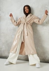 MISSGUIDED cream faux leather belted maxi coat ~ high shine coats