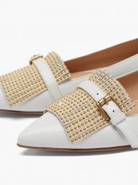 GIANVITO ROSSI Danielle studded-fringe leather loafers / stud detail loafer / light-grey pointed flats