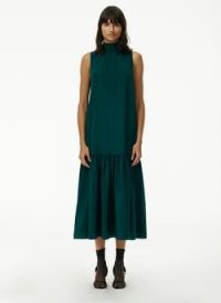 Tibi Eco Silk Dropwaist Dress ~ green sleeveless high neck dresses ~ drop waist style ~ high neck ~ frill hem