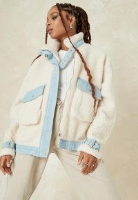 MISSGUIDED ecru borg teddy boxy oversized denim jacket ~ textured jackets