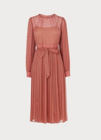 L.K. BENNETT FELIX PINK DEVORÉ SPOT PLEATED DRESS / burnout dresses