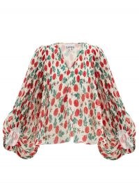 GANNI Floral-print pleated-georgette blouse / balloon sleeve rose print blouses