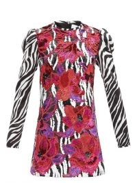 HALPERN Floral-sequinned zebra-print satin mini dress / mixed print occasion dresses / animal prints