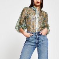 RIVER ISLAND Green long sleeve floral sheer shirt ~ feminine shirts