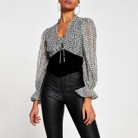 River Island Grey long sleeve corset print blouse top | fitted waist tops