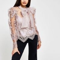 RIVER ISLAND Grey puff sleeve organza lace blouse ~ romantic look fashion ~ semi sheer blouses ~ statement bow tops