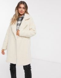 Hollister teddy longline coat in cream ~ textured winter coats