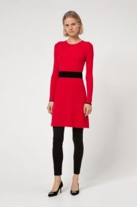 HUGO BOSS Seagery Slim-fit knitted dress with contrast waistband / red knit dresses