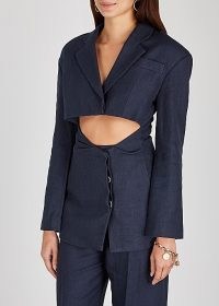 JACQUEMUS La Veste Arles navy linen-blend blazer ~ cut out waist blazers ~ blue cutaway jackets ~ contemporary fashion