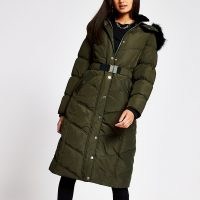 RIVER ISLAND Khaki longline belted puffer coat ~ green padded winter coats