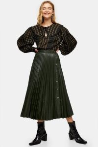 TOPSHOP Khaki Pleated PU Button Down Midi Skirt ~ dark green skirts