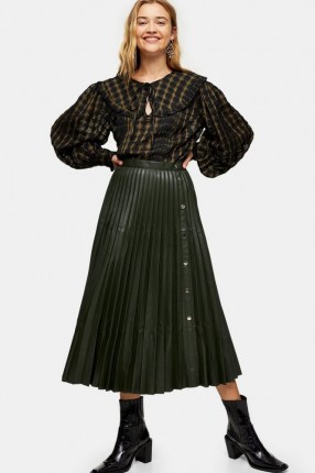 TOPSHOP Khaki Pleated PU Button Down Midi Skirt ~ dark green skirts