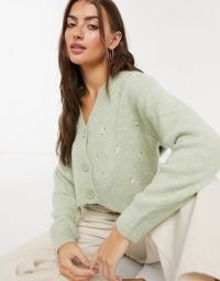 Mango floral embroidered twinset cardigan in sage green ~ cropped cardigans