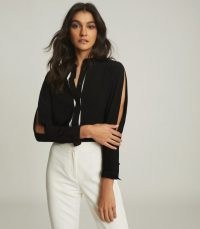 REISS NORA SPLIT DETAIL BLOUSE BLACK / contemporary open sleeve blouses / slit sleeves