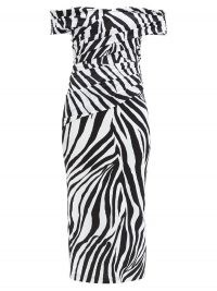 HALPERN Off-the-shoulder zebra-print jersey dress / monochrome evening wear / black and white animal print bardot dresses