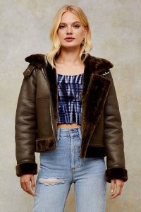 TOPSHOP Olive Faux Shearling Biker Jacket ~ fur lined winter jackets