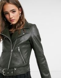 Only faux leather jacket in khaki ~ dark green biker jackets ~ zip detail