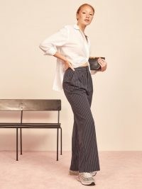 REFORMATION Oren Pant Navy White Stripe ~ wide leg pin striped trousers