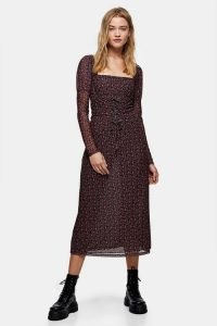 TOPSHOP Red Rose Print Lace Long Sleeve Midi Dress / square neck floral dresses