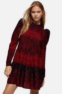 Topshop Red Tiered Mini Pintuck Dress | puff sleeve dresses