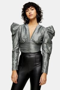 Topshop Silver Taffeta Crop Blouse | metallic puff sleeve evening tops