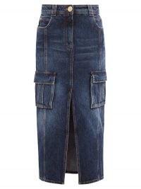 BALMAIN Slit-front denim midi skirt – casual front split skirts