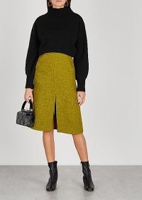 SOEUR Laurence lime tweed midi skirt ~ green front split A-line skirts