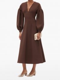 EMILIA WICKSTEAD Tiege balloon-sleeve wool-crepe midi dress in chocolate brown | voluminous sleeves | deep V neck dresses