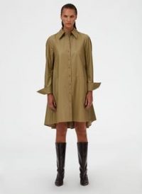 Tibi Tissue Faux Leather Shirt Dress in Light Loden