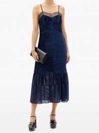 FENDI Tulle-trimmed devoré-velvet dress ~ navy-blue spaghetti strap dresses