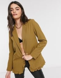 Vila blazer with frill detail hem in olive