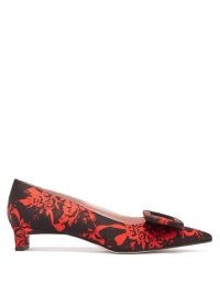 EMILIA WICKSTEAD Viviene buckle point-toe floral-brocade pumps / black and red flower print courts / kitten heel court shoes