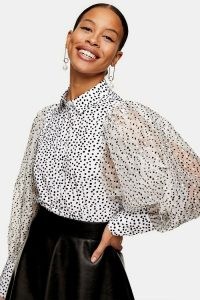 Topshop White Flocked Spot Shirt With Organza Sleeve | sheer voluminous sleeves