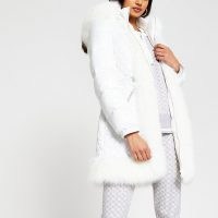 RIVER ISLAND White long sleeve faux fur hem padded coat ~ quilted winter coats