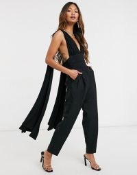 Yaura plunge cross back bodysuit with double drape in black ~ plunging draped detail bodysuits ~ party fashion