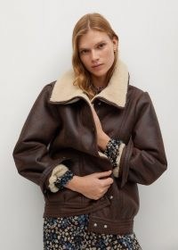 MANGO ATLANTA Faux shearling aviator jacket / brown casual fur lined winter jackets