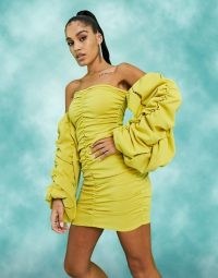 ASOS DESIGN extreme ruched bardot mini dress in chartreuse