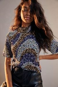 Maeve Maribella Sequinned Mock Neck Top / sequin covered short sleeve tops