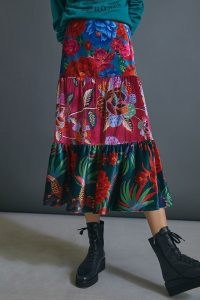 Farm Rio Drea Tiered Velvet Midi Skirt / mixed floral print dresses