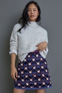 Maeve Mayfair Beaded Mini Skirt ~ blue floral embellished skirts