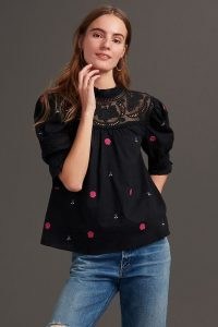 Maeve Embroidered High Neck Blouse / black floral blouses / feminine tops