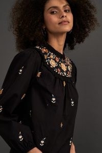 ANTHROPOLOGIE Elizabeth Cotton Embroidered Blouse / floral embroidery / frill neck blouses