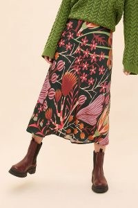 ANTHROPOLOGIE Printed Satin Bias-Cut Midi Skirt / slinky floral skirts